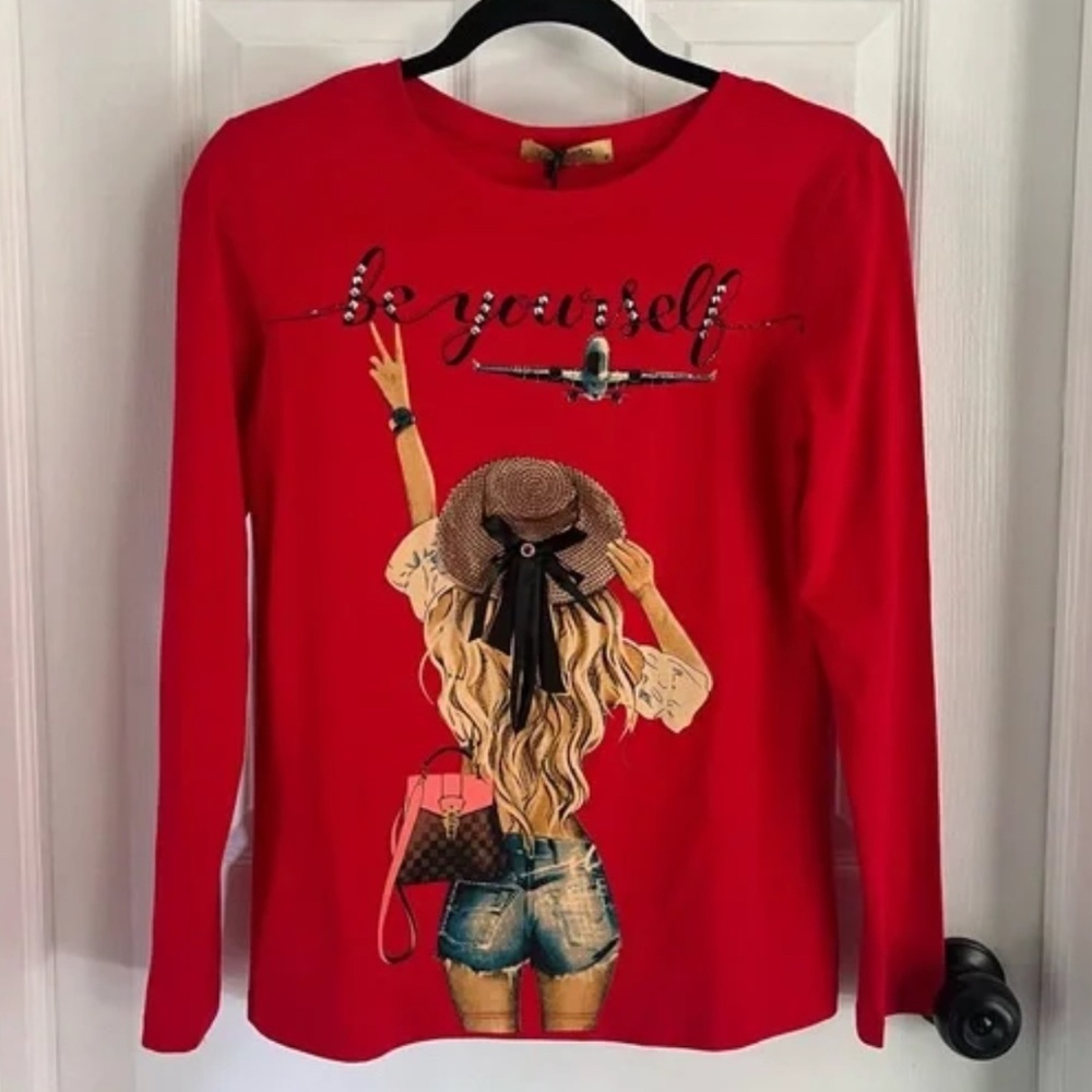 Red Vinizbena Long Sleeve Graphic Tee Shirt